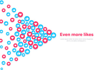 flat image on a white background, round icons with likes and hearts, social networks and the Internet
