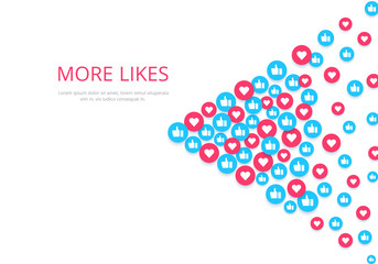flat image on a white background, round icons with likes and hearts, social networks and the Internet