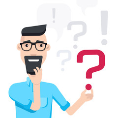 flat image on a white background, a young man with glasses and a beard next to a question mark