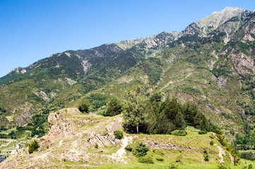 Naklejka premium Mountains of the Pyrenees in the Benasque valley in Spain on a sunny day.
