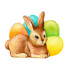 Happy easter decor - a cute brown rabbit with colored eggs. Hand drawn watercolor painting illustration isolated on white background.