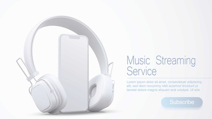 3D style headphones and smartphone on a white background, Concept banner design for music streaming service