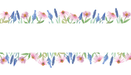 Plants Echinacea and lavender. Watercolor banner on white background. Beautiful design for wedding invitations, cards and packages for the pharmacy.