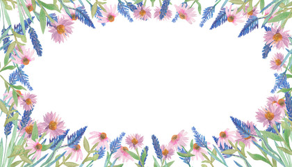 Plants Echinacea and lavender. Watercolor frame. Beautiful design for wedding invitations, cards and packages for the pharmacy.
