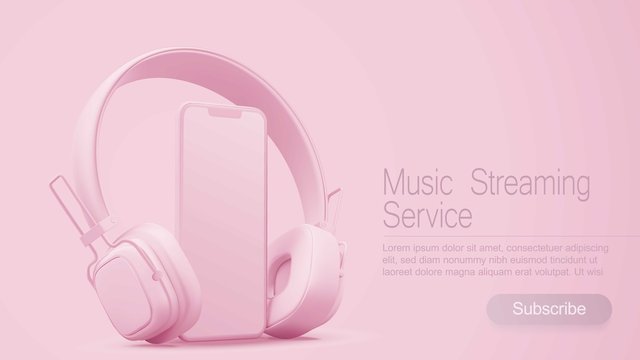 3D style headphones and smartphone on a pink background, Concept banner design for music streaming service