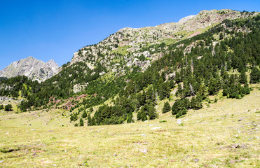 Naklejka premium Mountains of the Pyrenees in the Benasque valley in Spain on a sunny day.