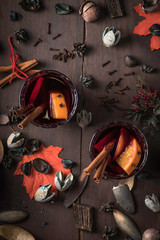 Traditional hot mulled wine with cinnamon and orange