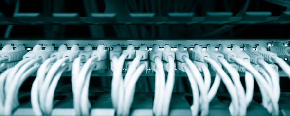 Network ethernet cables connect to switch server rack in data center hub of university, wires management on the interface panel