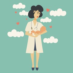 nurse midwife with a newborn in her arms on the background of hearts and clouds
