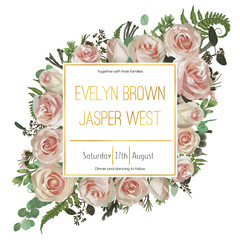 Wedding floral invitation, invite card. Vector watercolor green forest leaf, fern, brunia, branches boxwood, buxus, eucalyptus, tea roses and chamaelaucium. Natural, botanical decorative frame gold