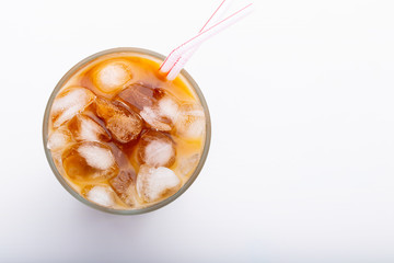 Ice latte top view close up on white background and clipping paths. With copy space
