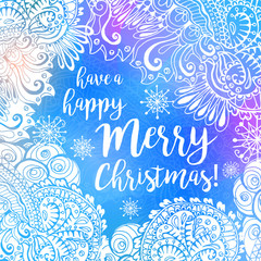 Blue and white winter typography poster or card with Have a Happy Merry Christmas design, hand drawn doodle ornament and snowflakes