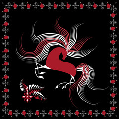 Vector illustration with hand drawn horses,birds in traditional russian folk style. Mezen painting