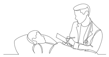 one line vector drawing of hospital man doctor examining child patient making notes