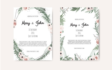 Set of card with leaves and geometrical frame. Floral poster, invite.