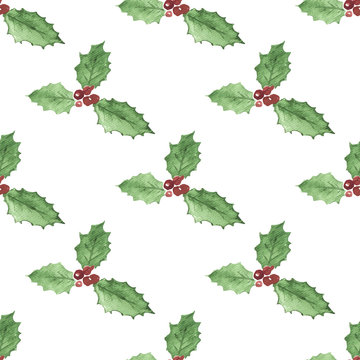 Christmas vector watercolor pattern of red holly berries with green leaves on white background. Seamless decorative hand drawn backdrop.