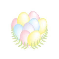 Group of colorful plain Easter eggs bordered with decorative green branches, simple vector illustration isolated on white background.