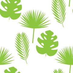 Vector seamless pattern with palm leaves. Green tropical branches on white background.