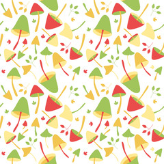 Obraz premium Abstract backdrop with fall season nature elements. Simple style illustration. Vector seamless pattern with autumn mushrooms and leaves of red, yellow and green bright colors.