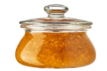 Mandarin jam in glass jar isolated on white background. Front 