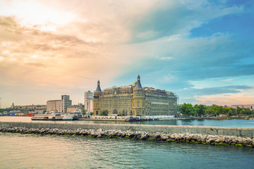 Fototapeta na wymiar Haydarpasa historical train station in restoration, sunset, Istanbul, Turkey