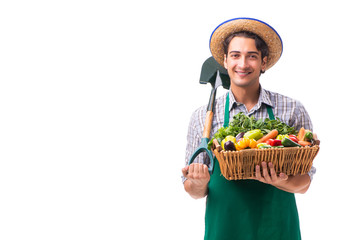 Young farmer with fresh produce isolated on white background