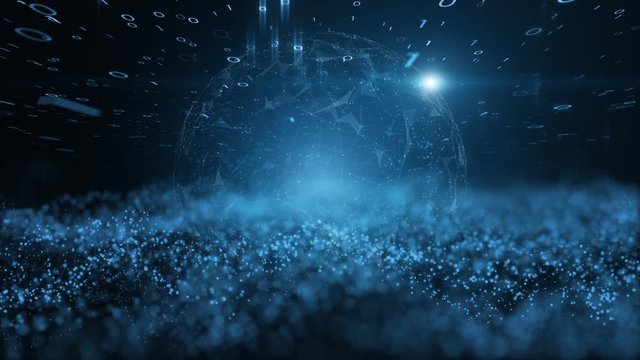 Futuristic artificial intelligence network with abstract shiny globe rotating. Selective focus used.