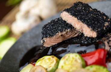 Teriyaki salmon with grilled vegetables