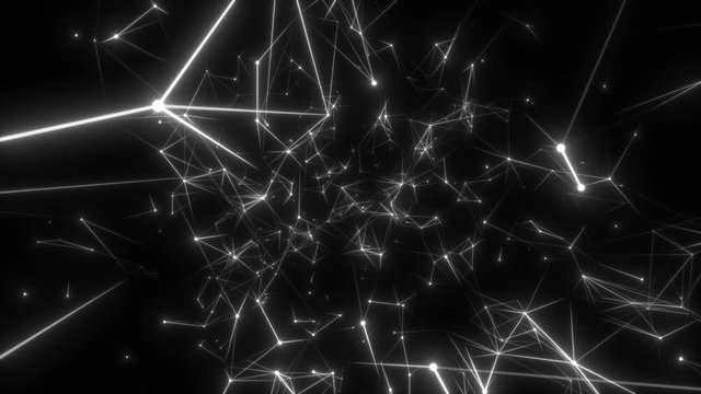 Myriad of interconnected particles.Flying in a fantasy abstract science, technology and engineering motion background. Organic motion. Plexus stylish video composition. Depth of field settings. 3D