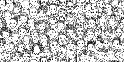 Diverse group of children - seamless banner of 70 different hand drawn kids' faces, kids and teens of diverse ethnicity - 244415776