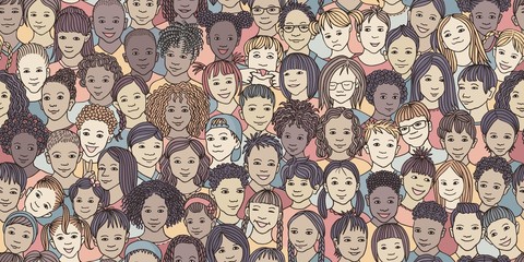 Diverse group of children - seamless banner of 70 different hand drawn kids' faces, kids and teens of diverse ethnicity - 244415777