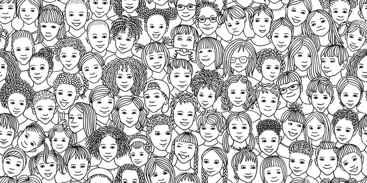 Diverse group of children - seamless banner of 70 different hand drawn kids' faces, kids and teens of diverse ethnicity