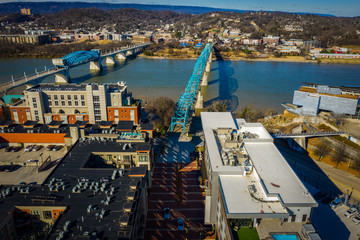 Aerial view of the Walnut Street Bridge crossing the Tennessee River from the south side to the north side of Chattanooga.