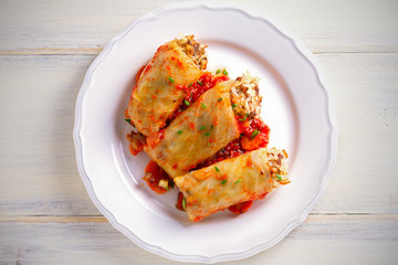 Cabbage rolls with meat, rice and vegetables. Chou farci, dolma, sarma, sarmale, golubtsy or golabki - popular dish in many countries. Overhead, horizontal
