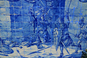 Azulejos of The Fall of Lisbon in Santa Luzia Church, Lisbon, Portugal