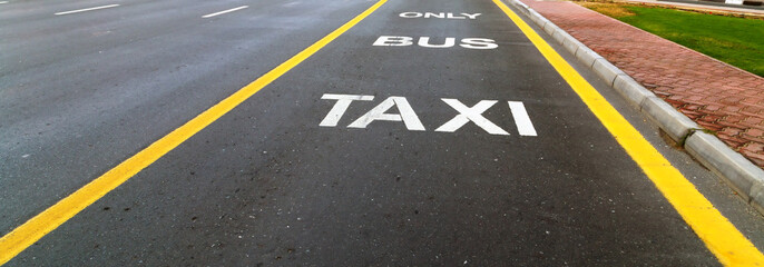 Driving directions lane taxi sign painted on street