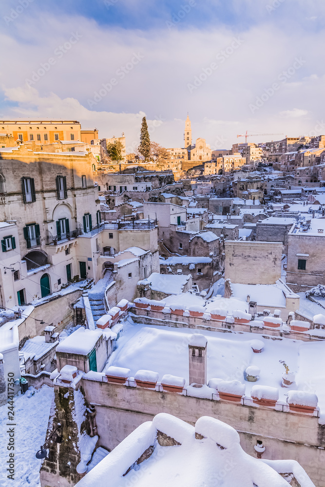 Wall mural panoramic view of typical stones Sassi di Matera and church of Matera 2019, capital of europe culture 2019