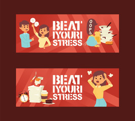 Mental health disorders and work related stress anxiety and depression symptoms icons vector illustration. Beat your stress concept banners. Angry Woman. Furious Girl. Negative Emotions.