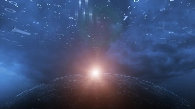 Digital data cyberspace sphere with lines, dots and computer binary numbers data on artistic slow motion dark blue coloured clouds time lapse background.