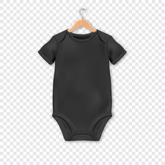 Vector Realistic Black Blank Baby Bodysuit Template, Mock-up Hanging on a Hanger Closeup Isolated on Transparent Background. Body Children, Baby Shirt, Onesie. Accessories, lothes for Newborns