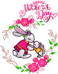 Happy Mother’s day. Greeting card with the image of cute rabbir family. Vector illustration in cartoon style.