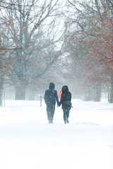 couple walking together in the snow.