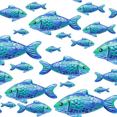 Hand drawn Light acrylic paint blue fishes on white background. Seamless fish pattern