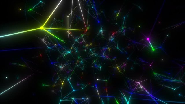 Colored interconnections.Elegant fantasy abstract technology, science and engineering motion background with plexus lines, polygons and light nodes in organic motion. Depth of field settings. 3d