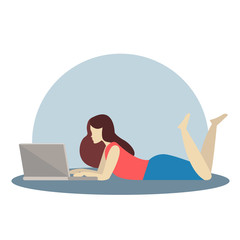 Illustration relaxing girl, lying and working on laptop