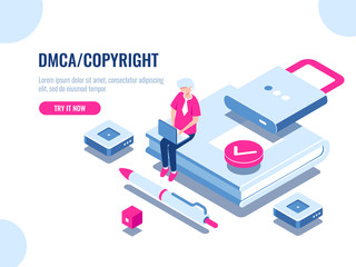 DMCA data copyright isometric icon, content security, book with lock, electronic digital contract, young man with laptop pc, flat cartoon vector