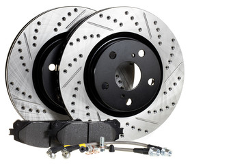 brake disc, pad and reinforced brake hose on a white background