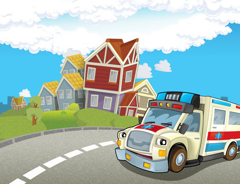 cartoon scene in the city with happy ambulance - illustration for children