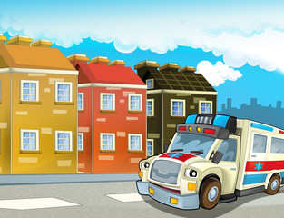 Plakat cartoon scene in the city with happy ambulance - illustration for children