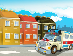 Fototapeta na wymiar cartoon scene in the city with happy ambulance - illustration for children